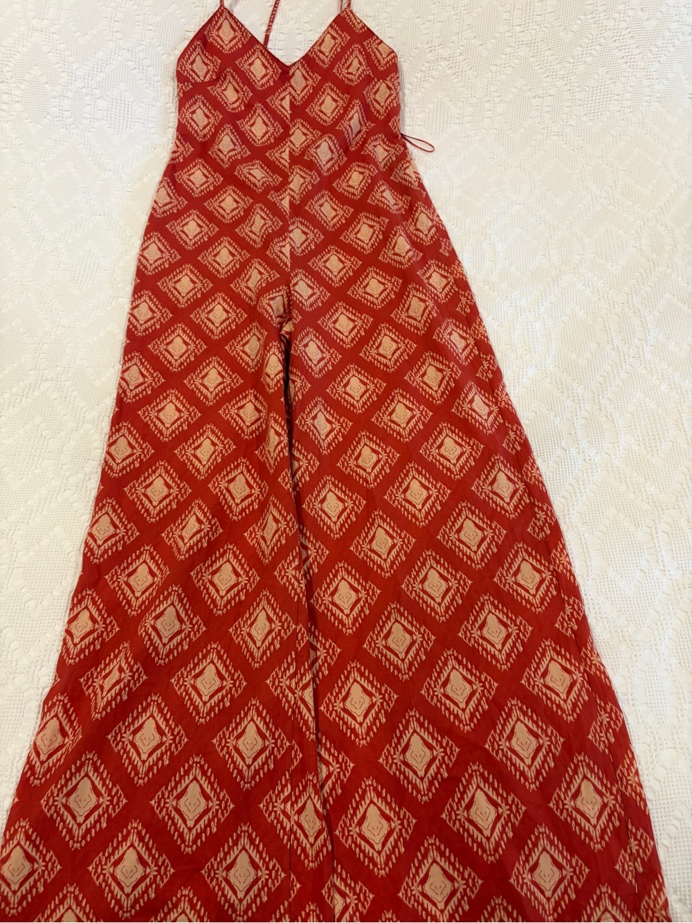 Zara Red Patterned Wide-Leg Jumpsuit